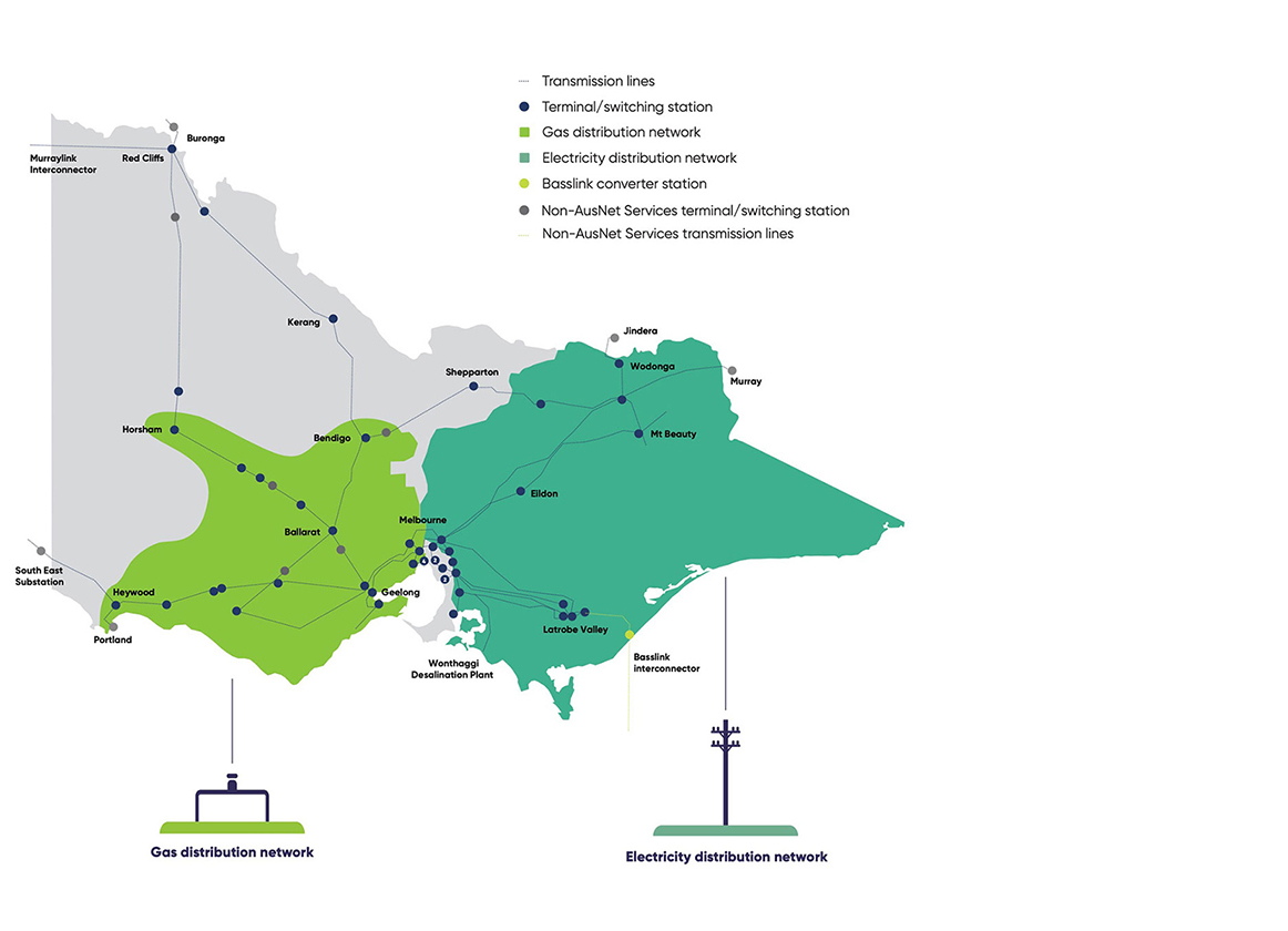 Simplified map of Victoria indicating the reach of AusNet electrical and gas coverage