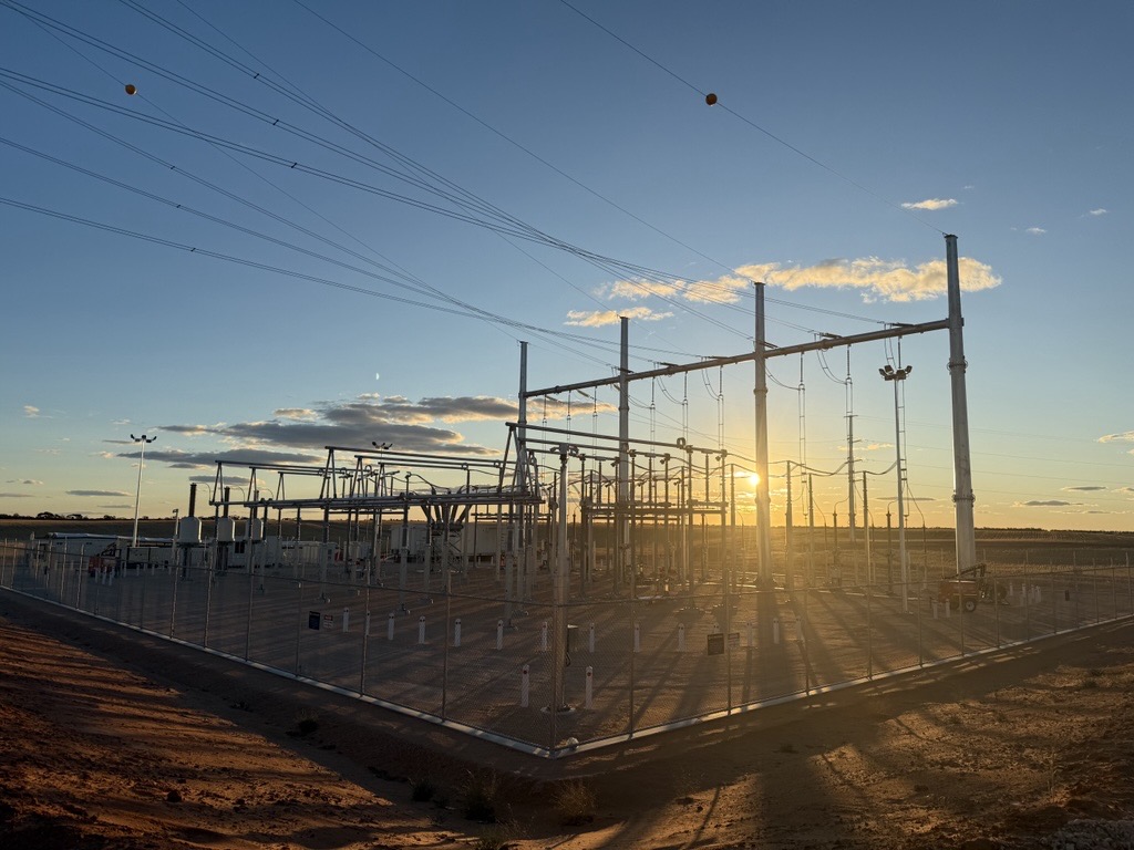 An electricity substation at dawn