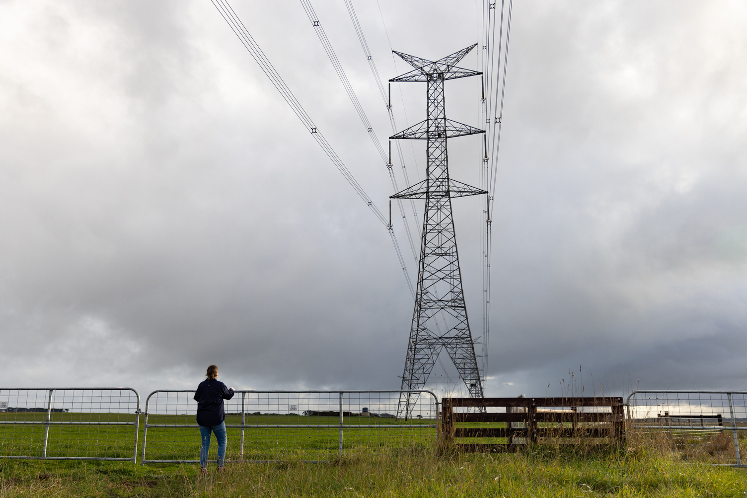 A woman looking at a transmission line