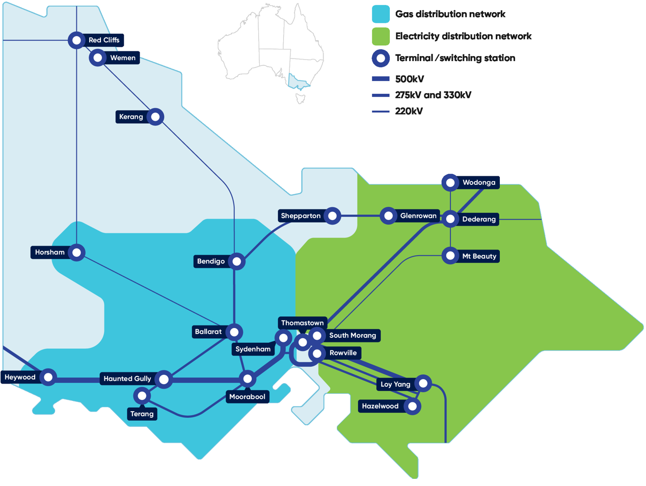 A map depicting AusNet's gas and electricity locations