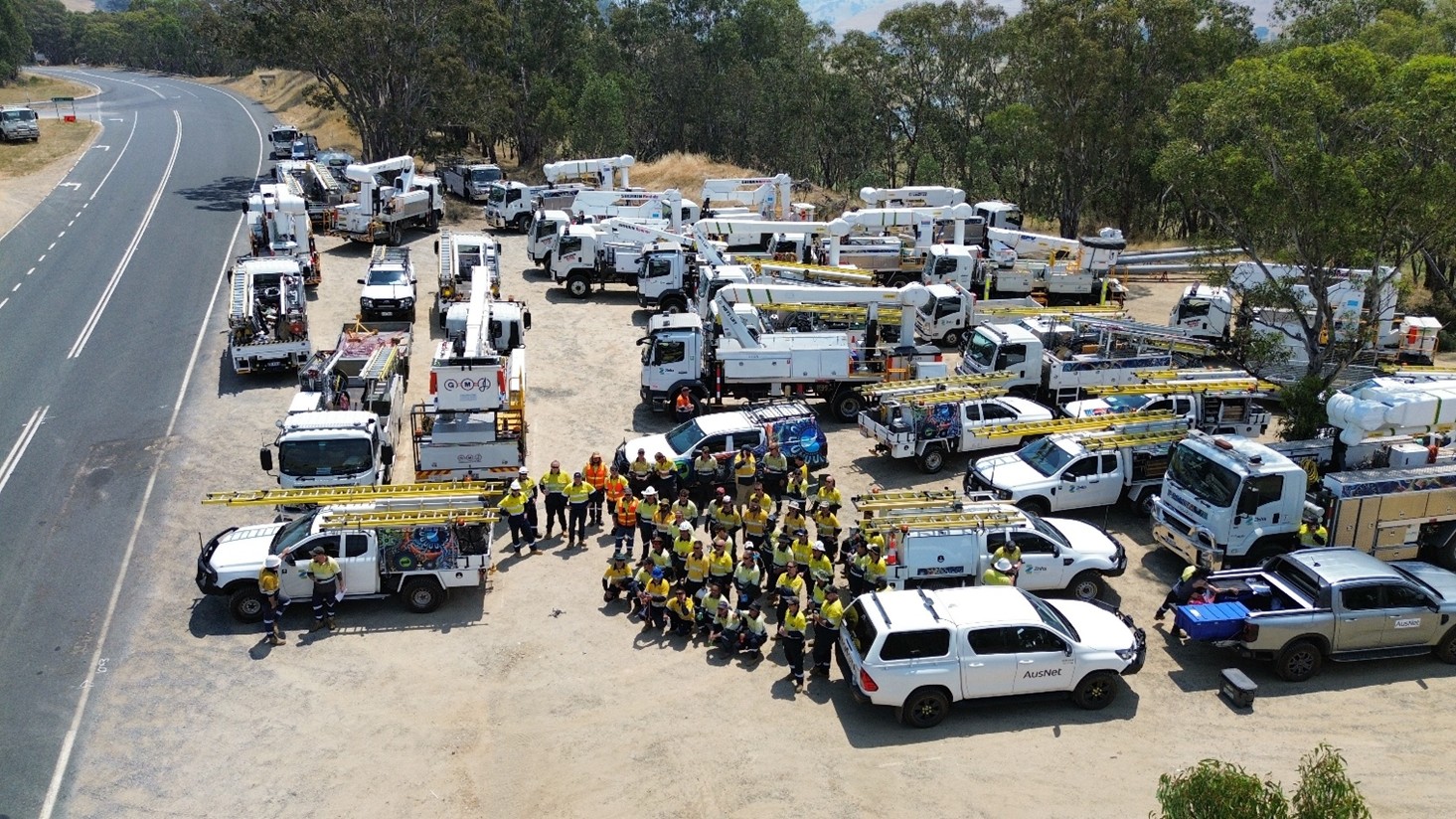 A large group of people standing outside near vehicles