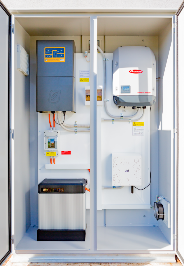 Internal components of a domestic solar transfer system SP Pro battery inverter, Fronius solar inverter, Ubi home controller and LG Battery pack.