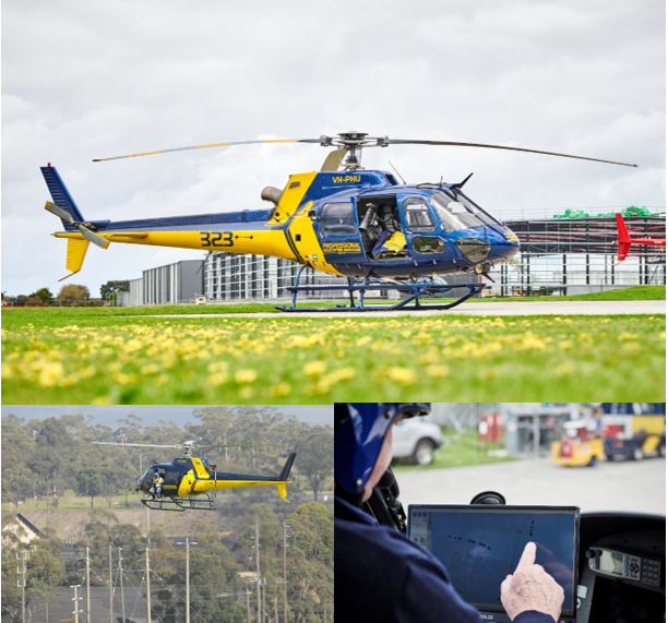 Three images of a helicopter, two external and one in the cockpit